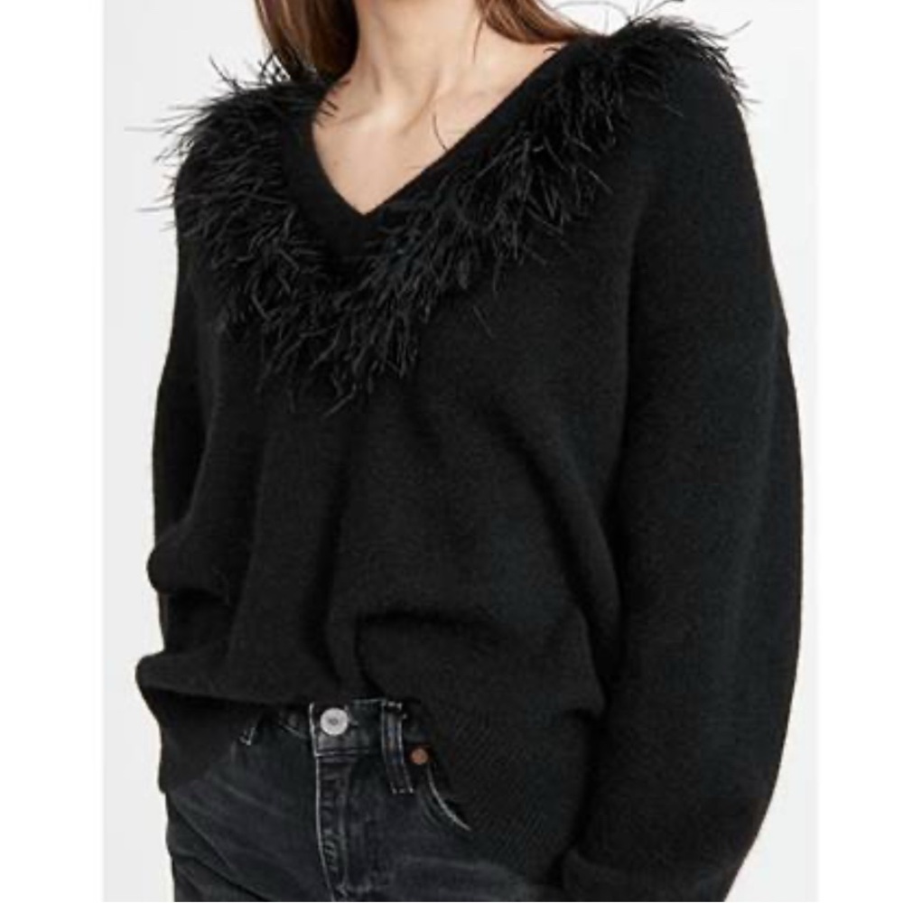 Cinq à Sept Black V-Neck Sweater with Feather Trim